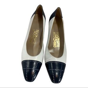 Vintage Navy and White Ferragamo Pumps